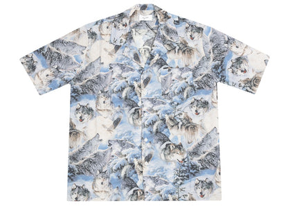 Rhude Wolves SS Button Up in Wolves Print Shirt Blue