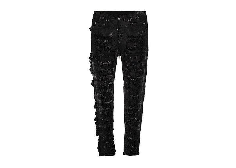 Rick Owens DRKSHDW Slashed Tyrone Cut Black Foil Coated Jeans Black