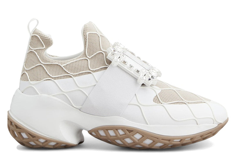 Roger Vivier Viv' Run Fabric White Beige Crystal Buckle (Women's)