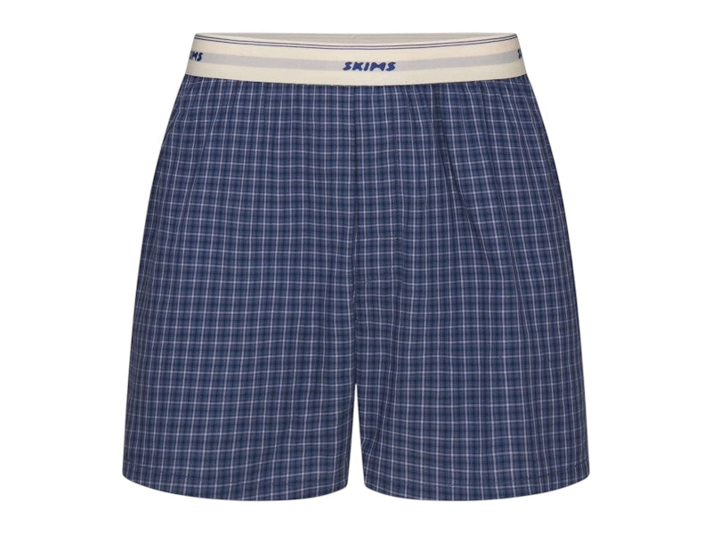 SKIMS Men's Logo Band Cotton Poplin Boxer Navy Check