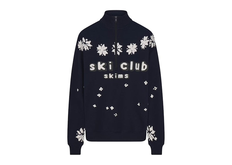 SKIMS x Cactus Plant Flea Market Cotton Fleece Oversized Quarter Zip Top Navy Ski Club Print