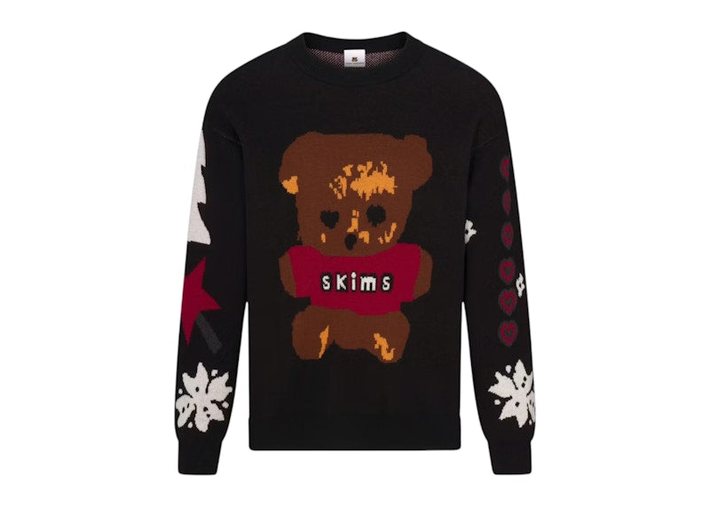 SKIMS x Cactus Plant Flea Market Cotton Knit Intarsia Sweater Onyx Teddy Bear Snow Print