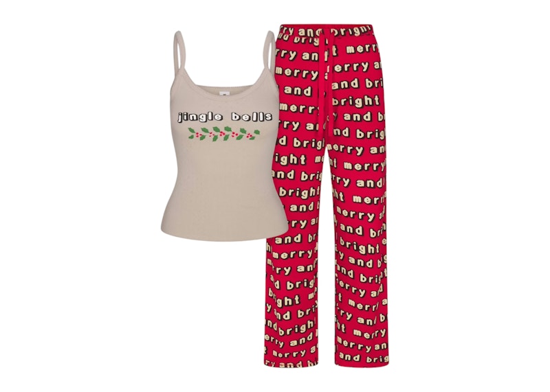 SKIMS x Cactus Plant Flea Market Women's Heavy Pointelle Waffle Sleep Set Stone Jingle Bells Print