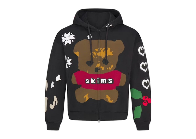 SKIMS x Cactus Plant Flea Market Heavyweight Fleece Mens Relaxed Zip Up Hoodie Onyx Teddy Bear Print