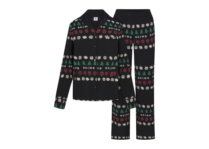 SKIMS x Cactus Plant Flea Market Women's Sleep Long Sleeve Button Up Set Onyx Pine Fair Isle