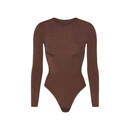 SKIMS x Swarovski Jelly Sheer Long Sleeve Crew Neck Bodysuit Cocoa