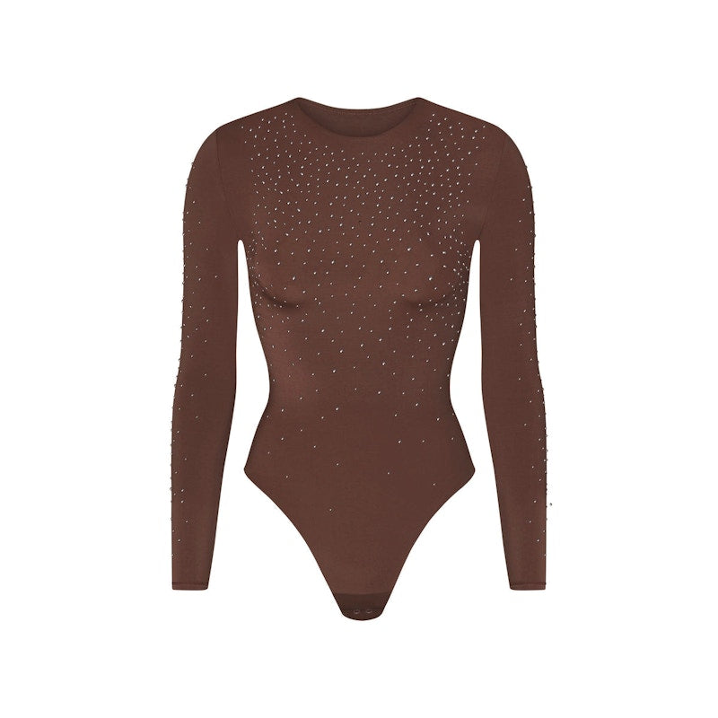 SKIMS x Swarovski Jelly Sheer Long Sleeve Crew Neck Bodysuit Cocoa