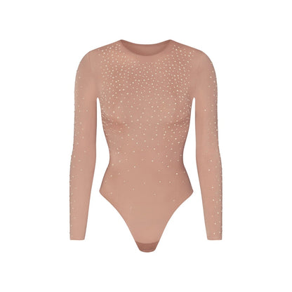 SKIMS x Swarovski Jelly Sheer Long Sleeve Crew Neck Bodysuit Sienna