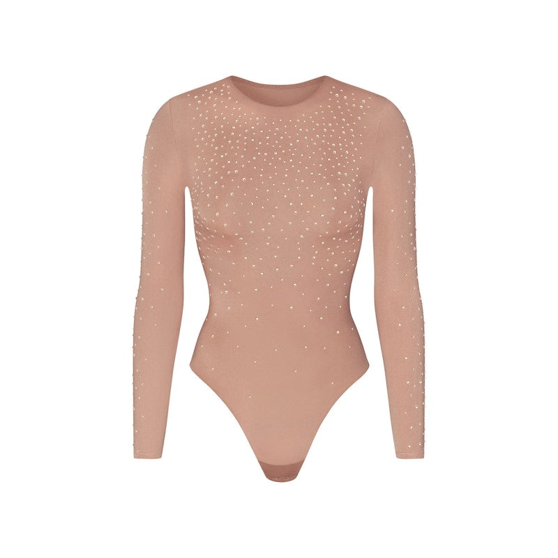 SKIMS x Swarovski Jelly Sheer Long Sleeve Crew Neck Bodysuit Sienna
