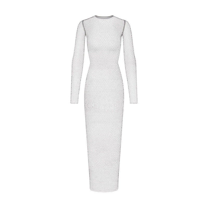 SKIMS x Swarovski Stretch Net Long Sleeve Dress Silver