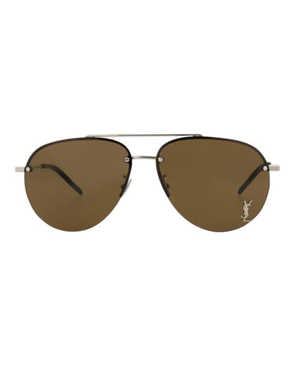 Saint Laurent Aviator-Frame Metal Sunglasses Silver/Silver/Brown (CLASSIC11F-30001169-006)