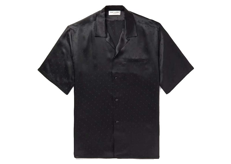 Saint Laurent Camp-Collar Silk-Satin Jacquard Shirt Black