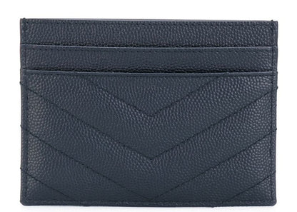 Saint Laurent Card Case Matelasse Grain de Poudre Silver-tone Navy