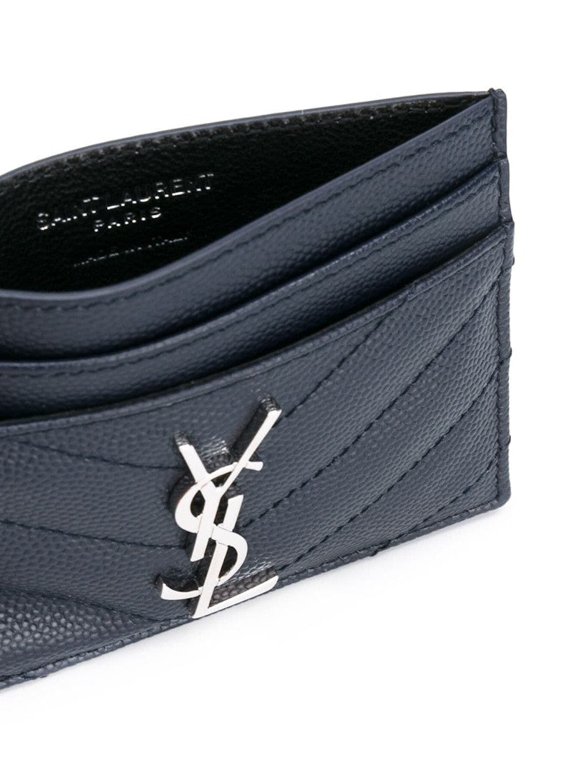 Saint Laurent Card Case Matelasse Grain de Poudre Silver-tone Navy