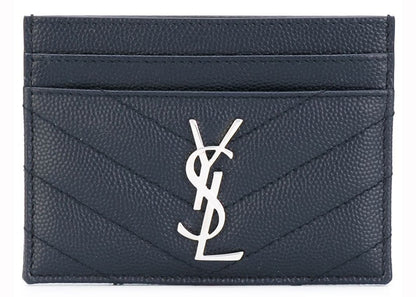 Saint Laurent Card Case Matelasse Grain de Poudre Silver-tone Navy