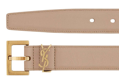 Saint Laurent Cassandre Belt With Square Buckle In Shiny Box Saint Laurent Leather Dark Beige