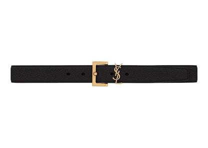 Saint Laurent Cassandre Belt with Square Buckle in Grained Leather Black