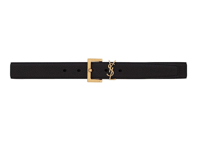 Saint Laurent Cassandre Belt with Square Buckle in Grained Leather Black
