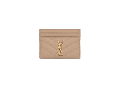 Saint Laurent Cassandre Matelasse Card Case in Grain De Poudre Embossed Leather Dark Beige