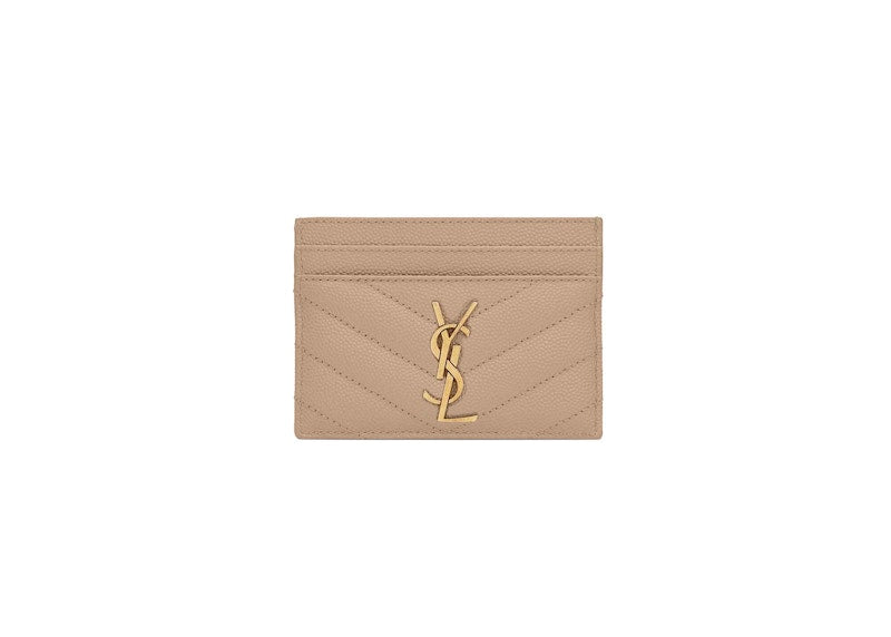 Saint Laurent Cassandre Matelasse Card Case in Grain De Poudre Embossed Leather Dark Beige