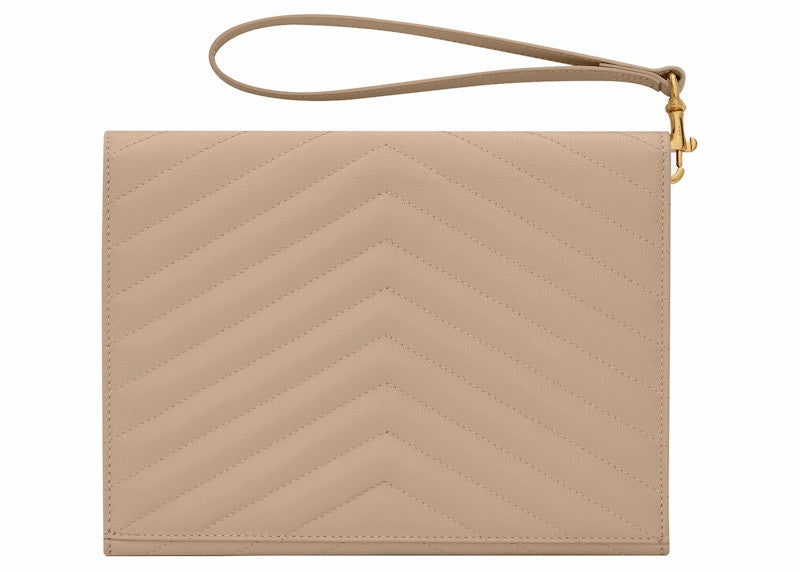 Saint Laurent Cassandre Matelasse Flap Pouch In Quilted Embossed Leather Dark Beige