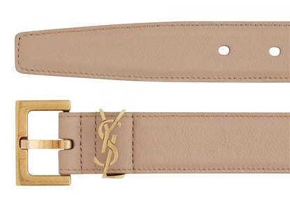 Saint Laurent Cassandre Thin Belt with Square Buckle in Box Saint Laurent Leather Dark Beige