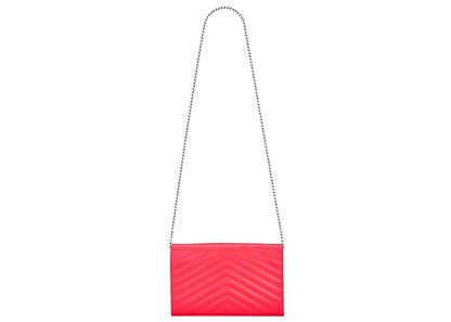 Saint Laurent Chain Wallet Monogram Grain de Poudre Embossed Patent Leather Neon Pink