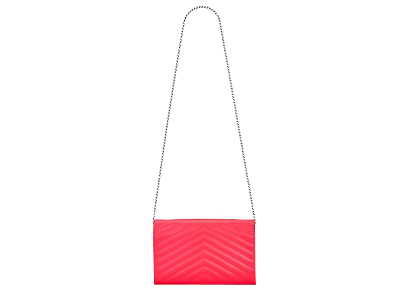 Saint Laurent Chain Wallet Monogram Grain de Poudre Embossed Patent Leather Neon Pink