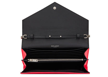 Saint Laurent Chain Wallet Monogram Grain de Poudre Embossed Patent Leather Neon Pink