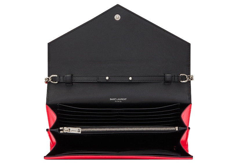 Saint Laurent Chain Wallet Monogram Grain de Poudre Embossed Patent Leather Neon Pink