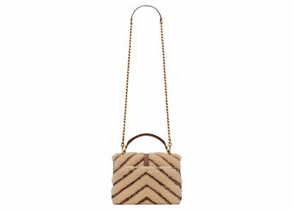 Saint Laurent College Chain Bag In Suede and Shearling Medium Natural Beige/Dark Cigar