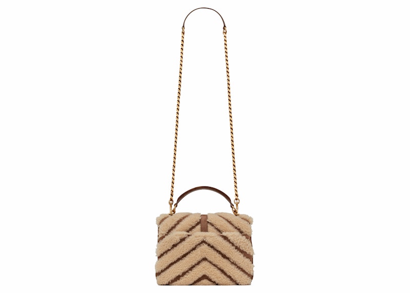 Saint Laurent College Chain Bag In Suede and Shearling Medium Natural Beige/Dark Cigar