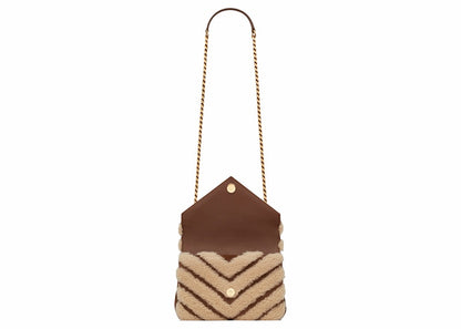 Saint Laurent College Chain Bag In Suede and Shearling Medium Natural Beige/Dark Cigar
