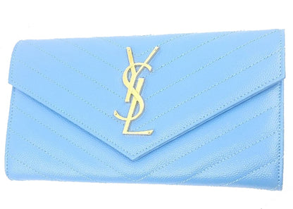 Saint Laurent College Flap Wallet Chevron Gold-tone Blue Clair