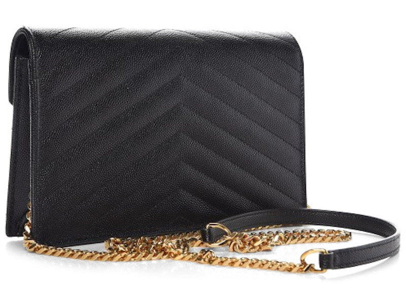 Saint Laurent Envelope Chain Wallet Matelasse Chevron Grain De Poudre Black