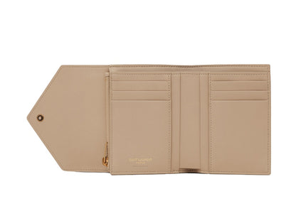 Saint Laurent Gaby Compact Tri-Fold Wallet In Quilted Lambskin Dark Beige