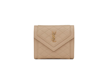 Saint Laurent Gaby Compact Tri-Fold Wallet In Quilted Lambskin Dark Beige