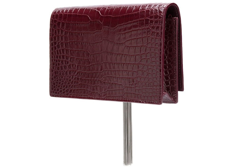 Saint Laurent Kate Tassel Crossbody Crocodile Embossed Burgundy