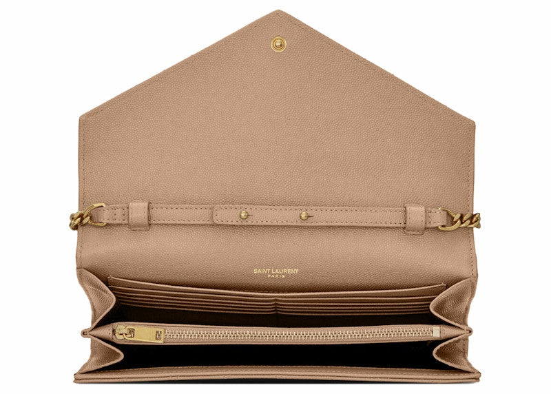 Saint Laurent Monogram Chain Wallet Grain De Poudre Dark Beige