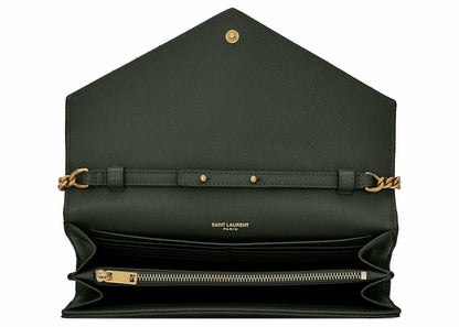 Saint Laurent Monogram Chain Wallet Grain De Poudre Dark Green