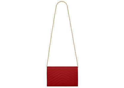 Saint Laurent Monogram Chain Wallet Matelasse Grain de Poudre Gold-tone Eros Red