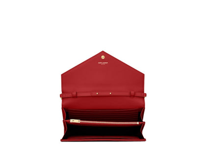 Saint Laurent Monogram Chain Wallet Matelasse Grain de Poudre Gold-tone Eros Red