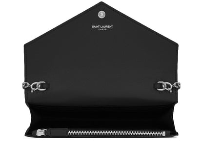Saint Laurent Envelope Chain Wallet Grain de Poudre Silver-tone Black