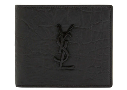 Saint Laurent Monogram Croc-Embossed Leather Bi-Fold Wallet Black