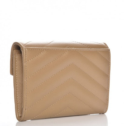 Saint Laurent Monogram Envelope Wallet Matelasse Chevron Grain de Poudre Small Dark Beige