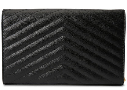 Saint Laurent Monogram Chain Wallet Matelasse Grain de Poudre Gold-tone Black