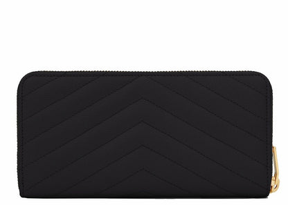 Saint Laurent Monogram Zip Around Wallet Matelasse Grain de Poudre Gold-tone Black