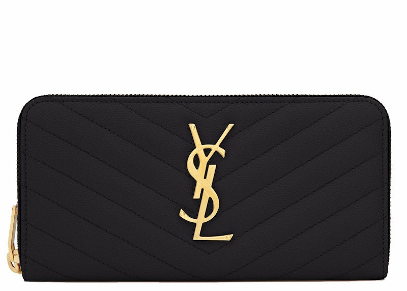 Saint Laurent Monogram Zip Around Wallet Matelasse Grain de Poudre Gold-tone Black