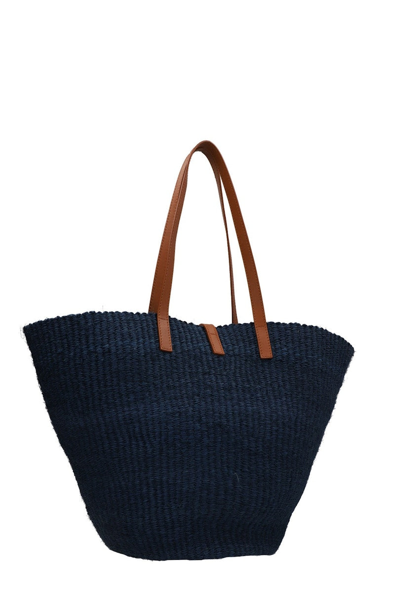 Saint Laurent Panier Sou Tote Bag Braided Raffia Dark Blue