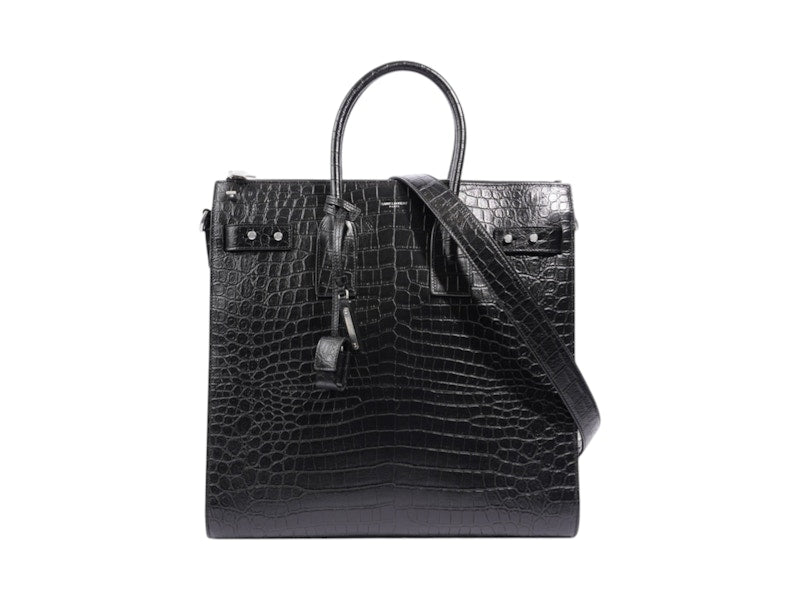 Saint Laurent Sac De Jour Croc Embossed Leather Bag Black